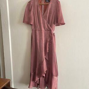 Lulus pink satin wrap dress for wedding, date night, Valentine’s Day